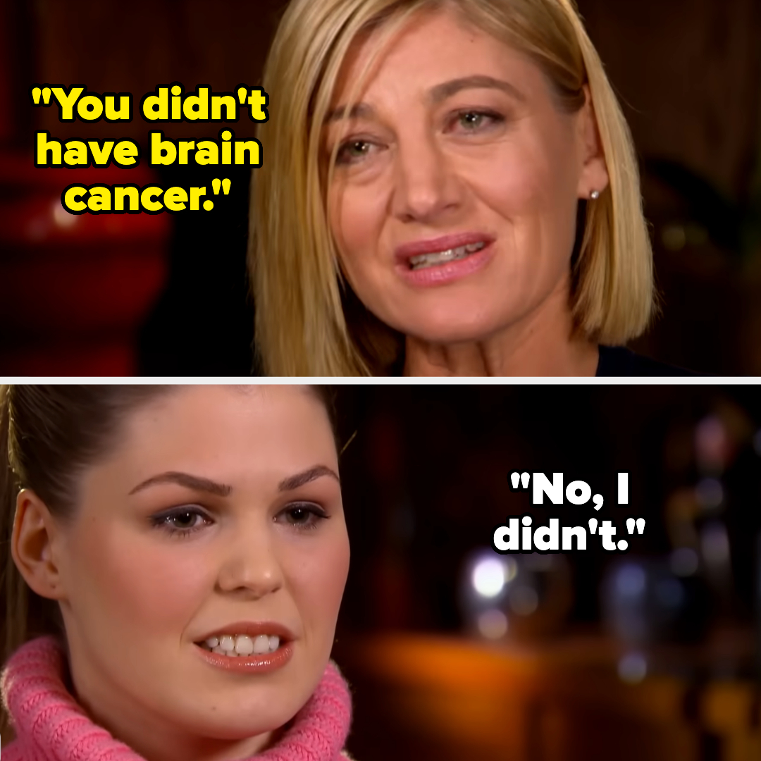 A woman on top says, "You didn't have brain cancer." Another woman below replies, "No, I didn't." The scene appears to be from an interview