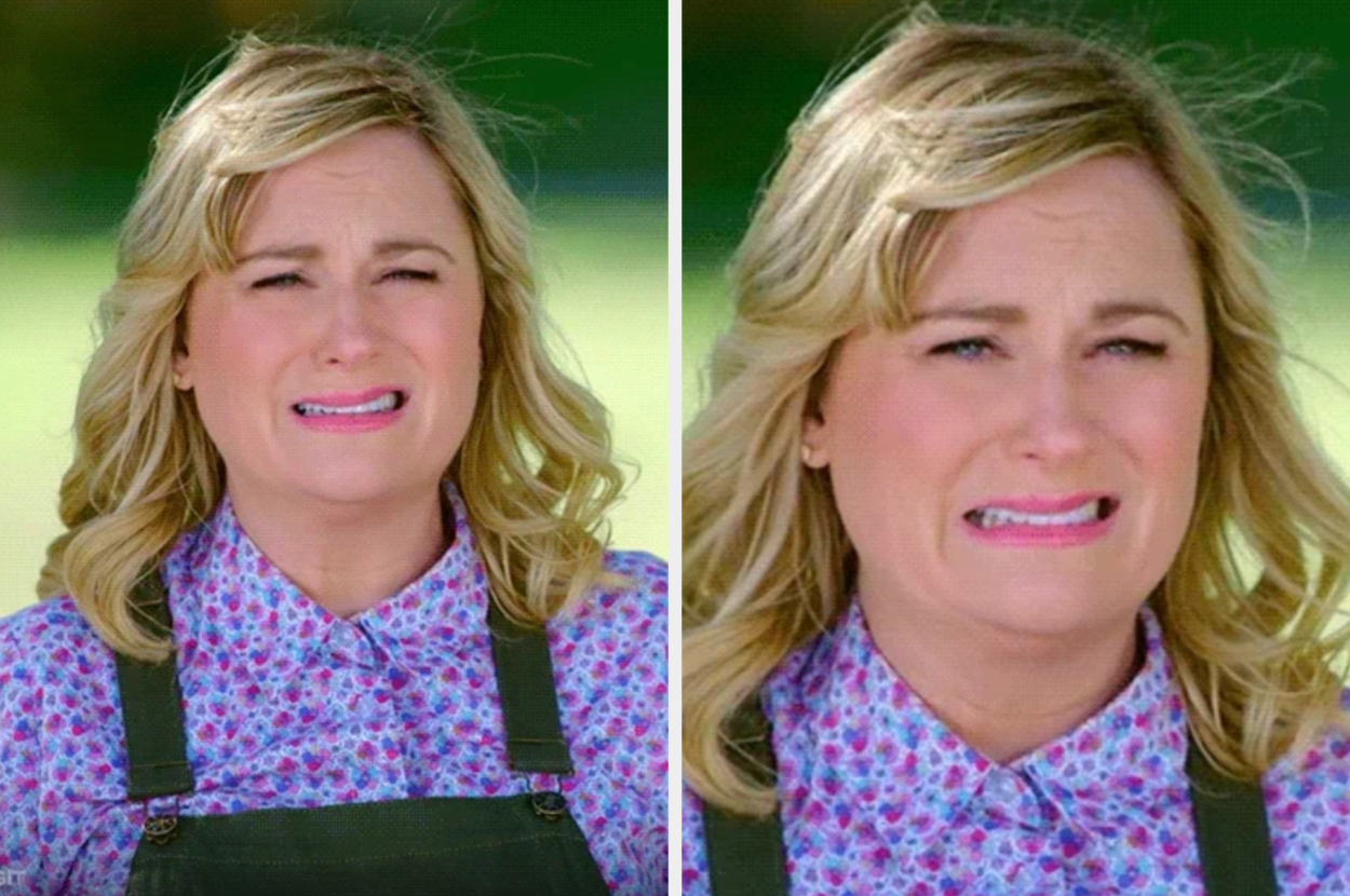 A side-by-side image of Amy Poehler making an uncomfortable facial expression while wearing a floral shirt and green overalls