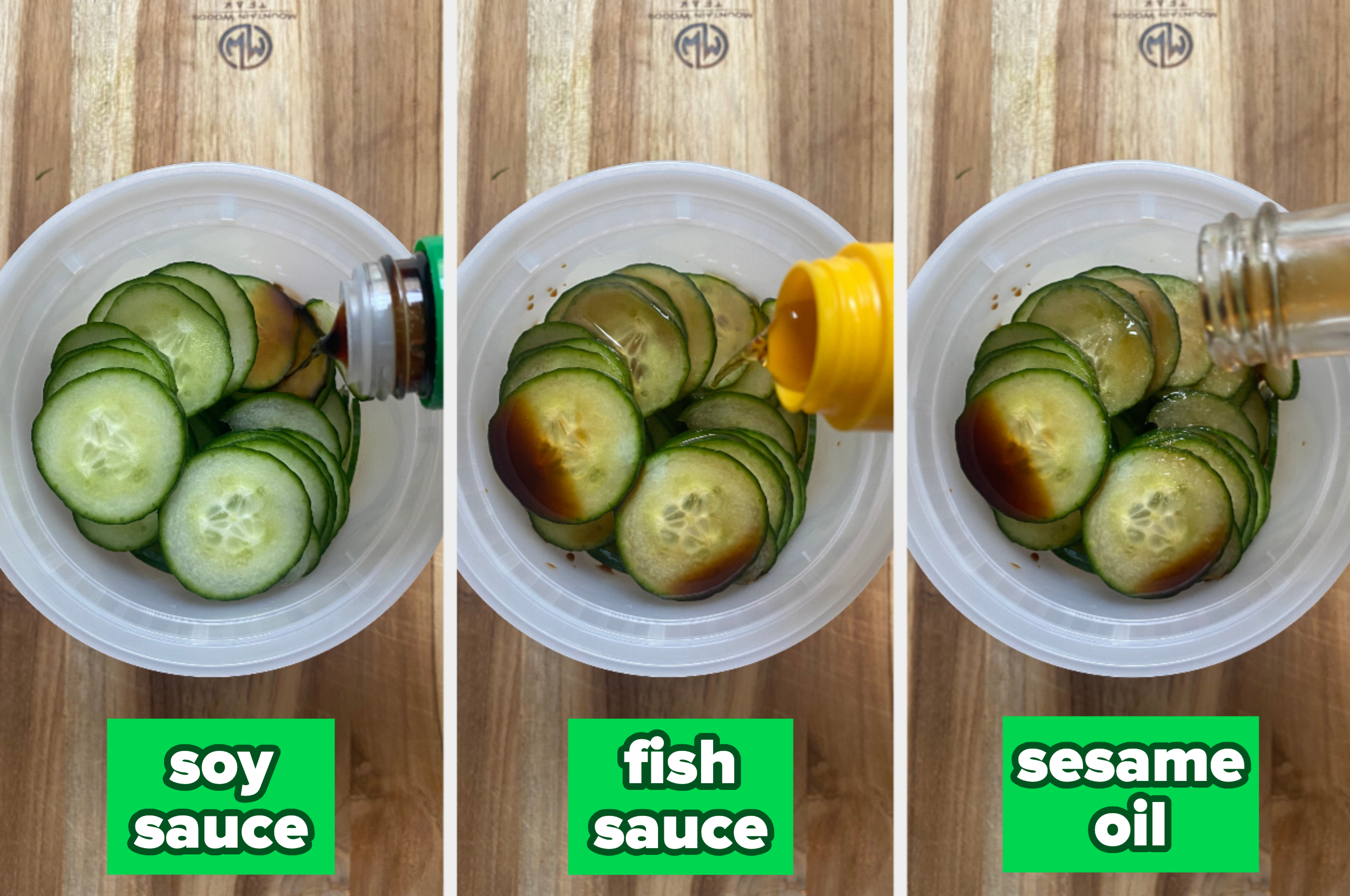 Three images showing sliced cucumbers in a plastic container being drizzled with soy sauce, fish sauce, and sesame oil