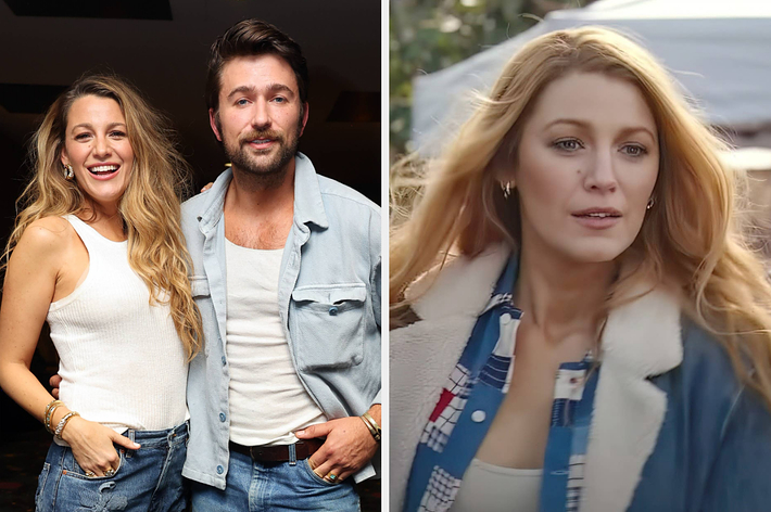 Blake Lively and Michiel Huisman in casual jeans and tops on left; Blake Lively in a jacket and plaid shirt on right