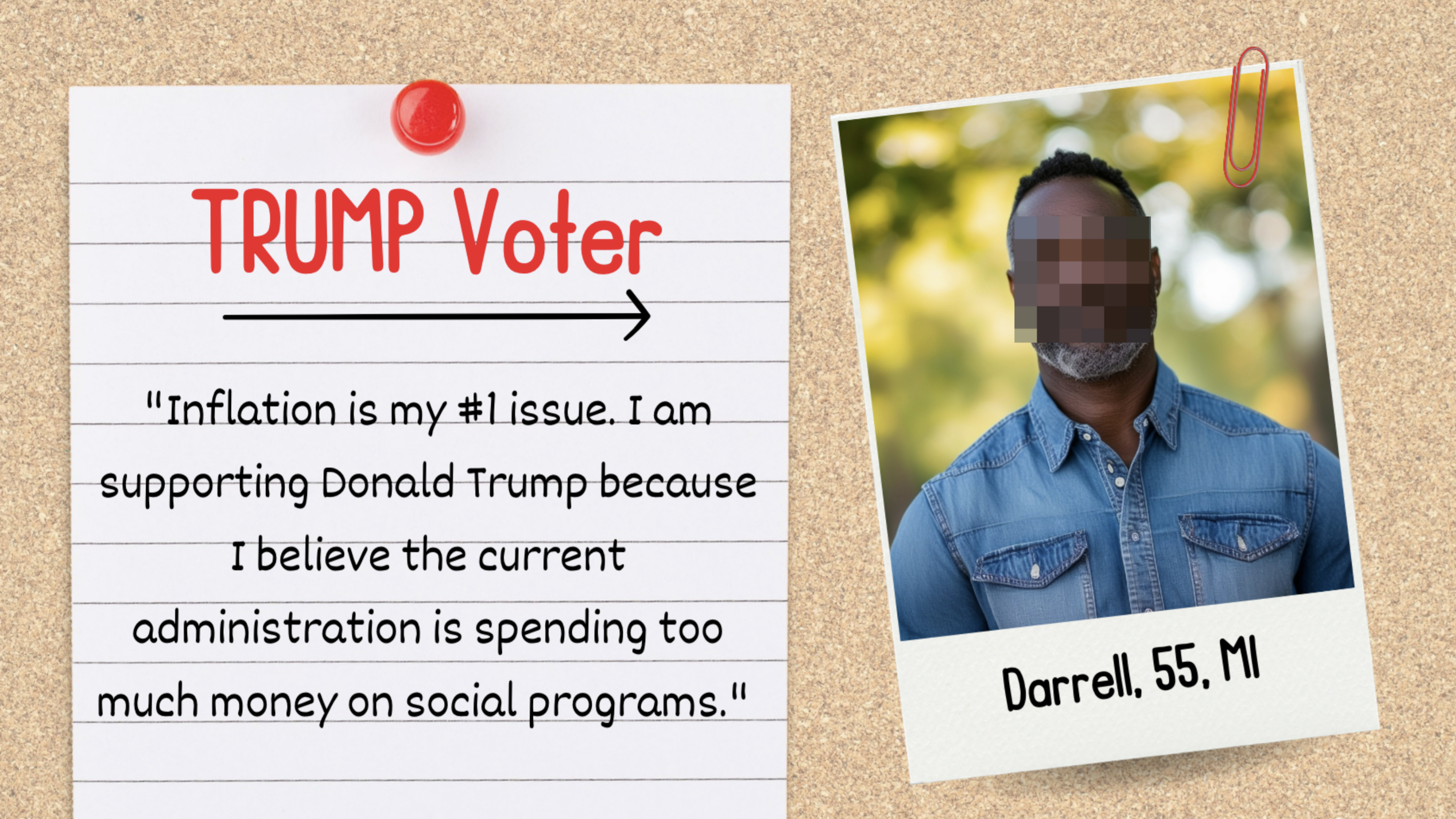 A note reads: "TRUMP Voter. Inflation is my #1 issue. I am supporting Donald Trump because I believe the current administration is spending too much money on social programs." A photo of Darrell, 55, MI, is pinned beside it