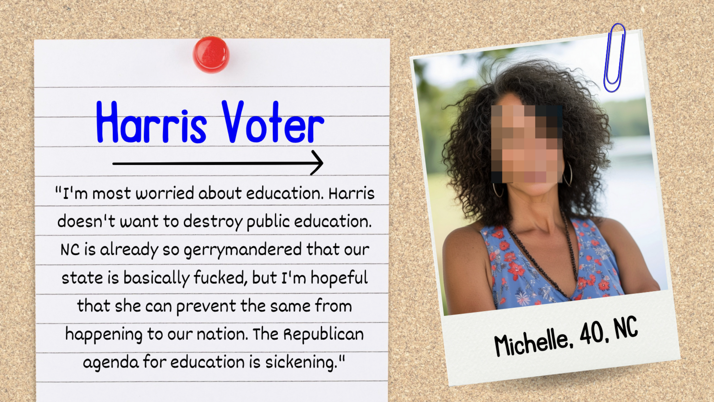 Left side has text expressing support for Harris on education. Right side shows a headshot photograph of Michelle, 40, from NC under a paperclip