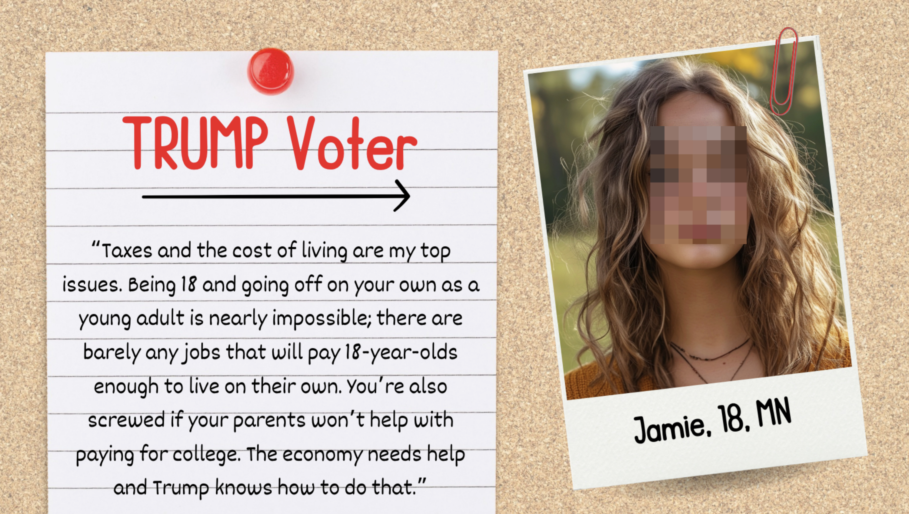 A note reads "TRUMP Voter" and features a quote about economic struggles from Jamie, 18, MN. Beside it is a photo of Jamie, a young woman with wavy hair