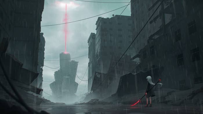 A person with a hooded cloak stands in the foreground holding a red sword in a rain-soaked, dystopian, ruined city with a red beam coming from a distant building