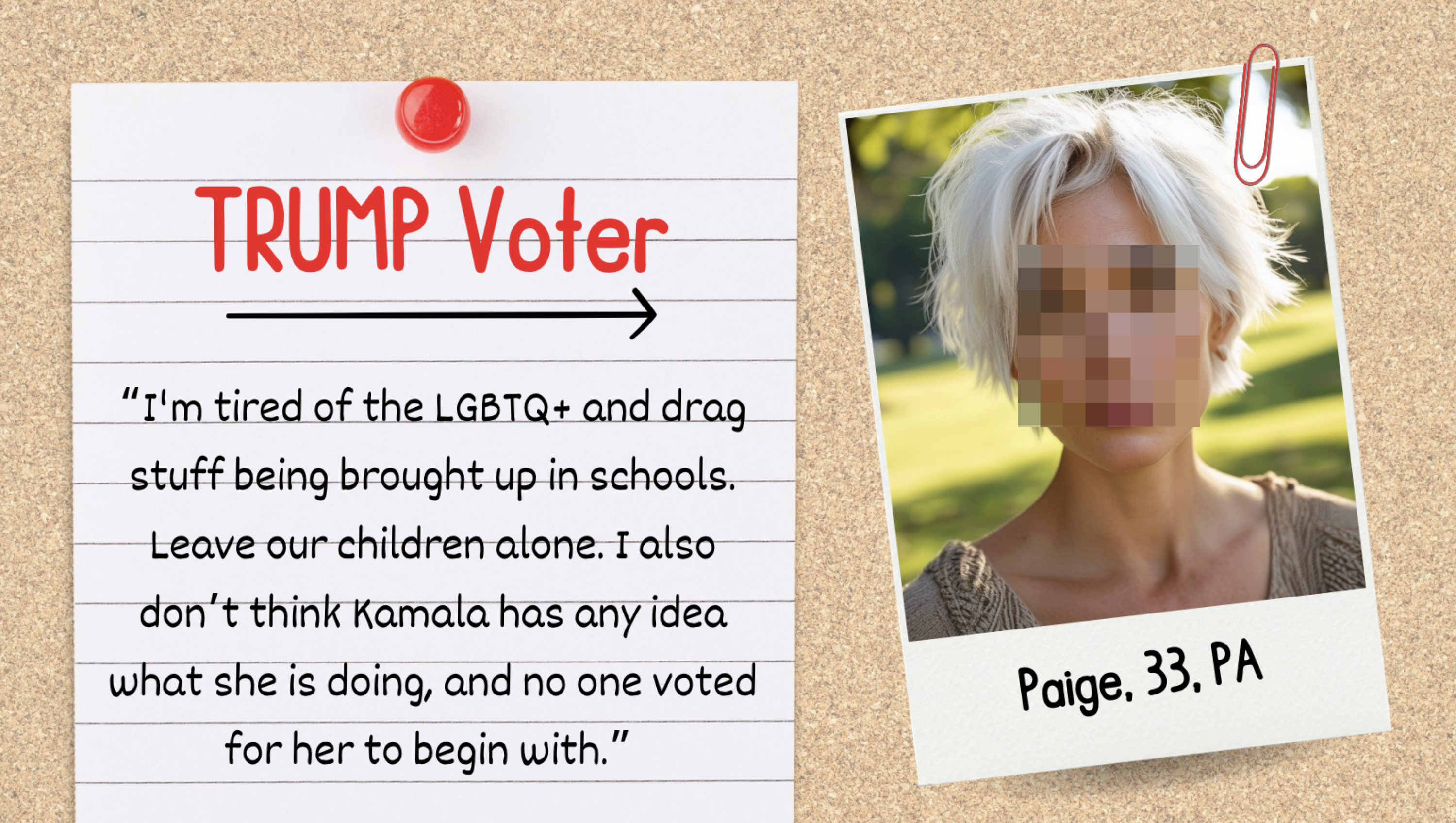 A corkboard features a notecard with text expressing frustration about LGBTQ+ topics in schools and a lack of confidence in Kamala. Beside it is a photo of Paige, 33, PA