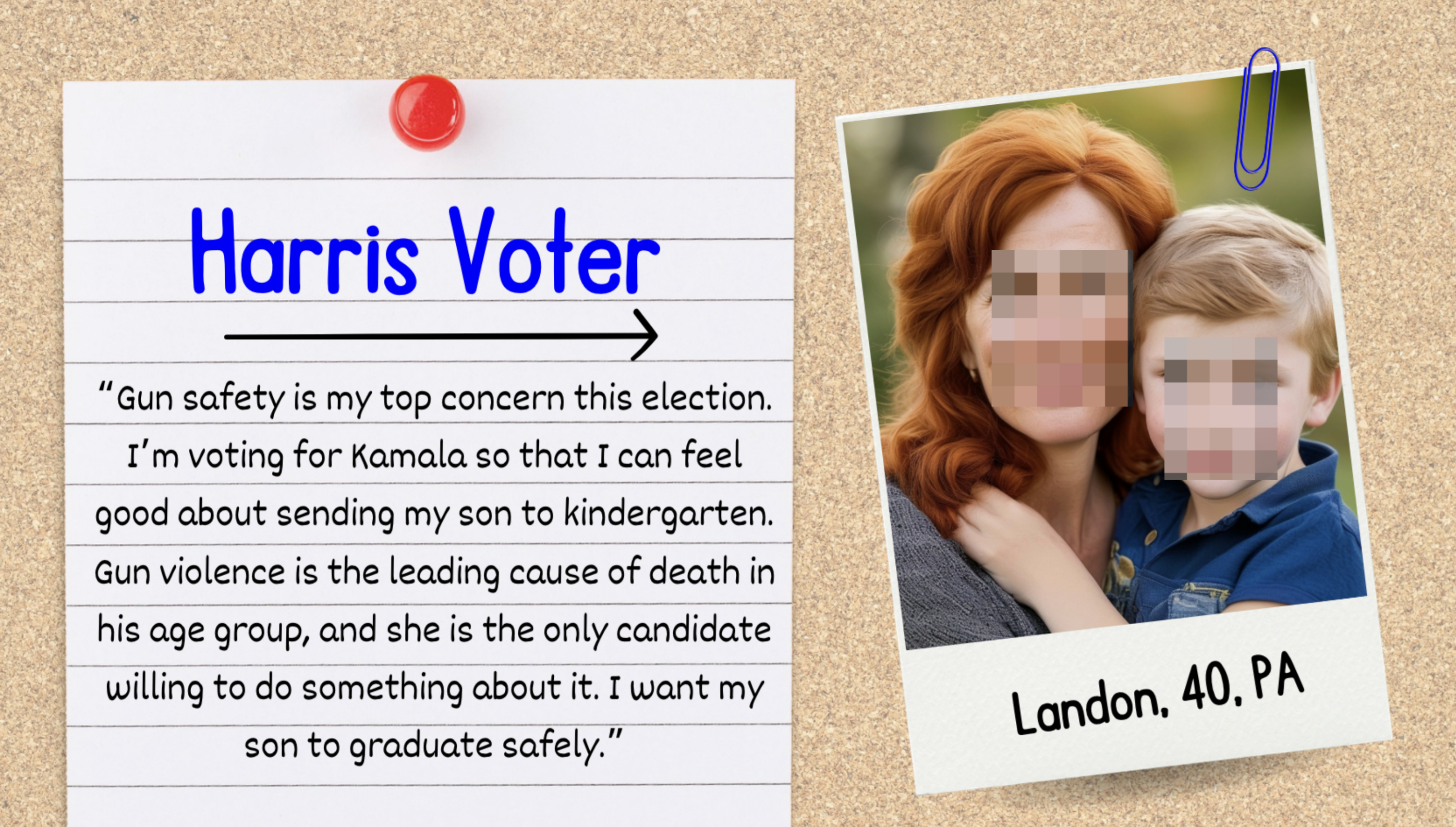 Note pinned to bulletin board with text about gun safety and Kamala. Photo: woman with red hair and young boy, labeled "Landon, 40, PA."