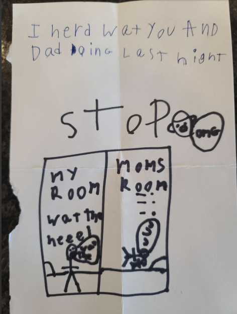 Child's drawing and handwritten note saying, "I herd wat you AND Dad doing last night. STOP" and showing two stick figures on beds labeled "my room" and "moms room."