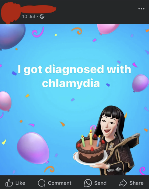 Facebook post stating, "I got diagnosed with chlamydia." The background is festive with balloons and confetti, and a cartoon character holds a cake