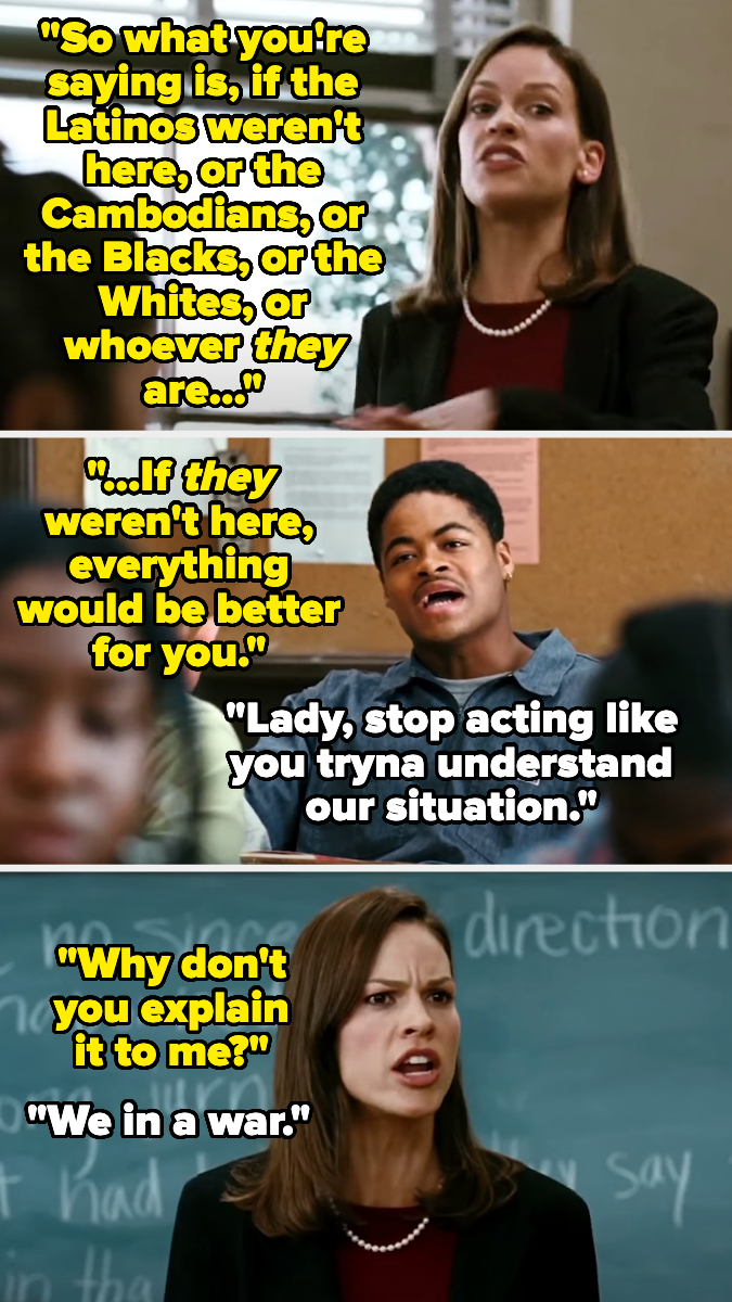 A woman speaks to a classroom with diverse students. She says, &quot;So what you're saying is, if the Latinos weren't here&hellip; or whoever they are.&quot; A student responds angrily