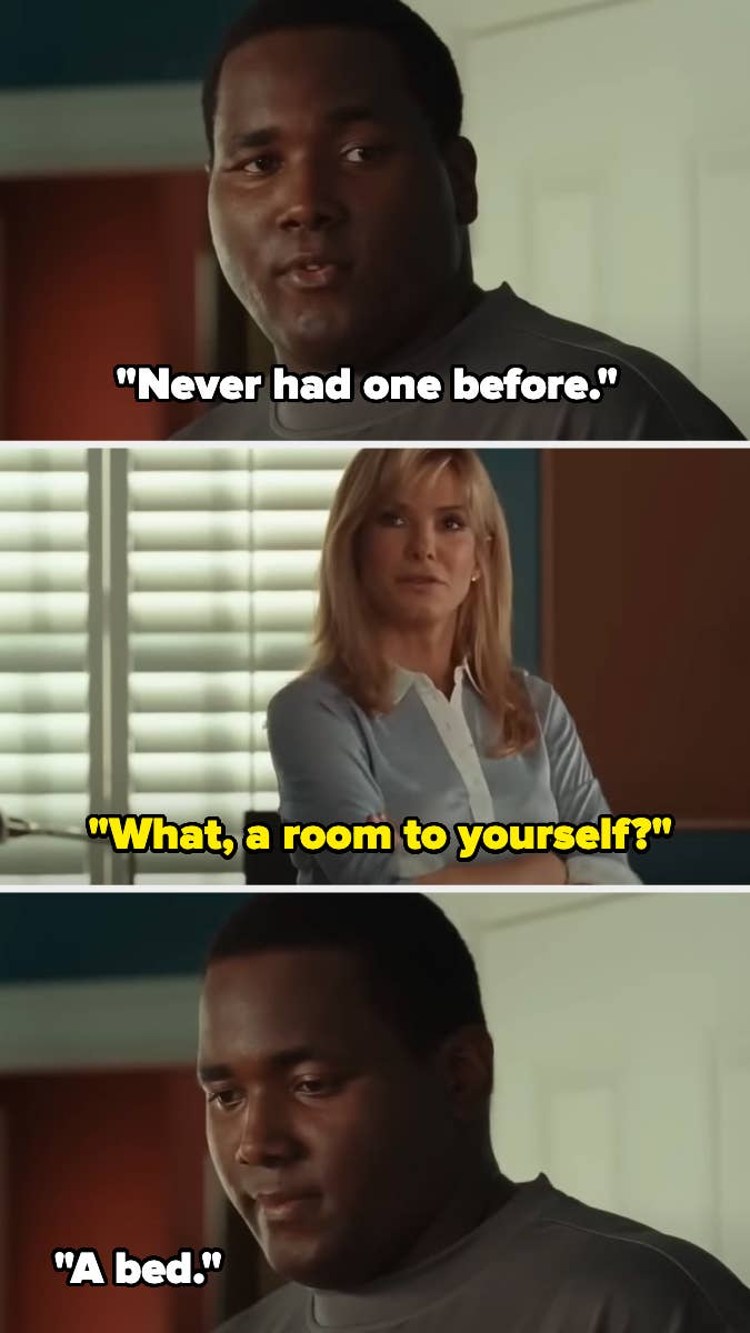 Top: A man says, &quot;Never had one before.&quot; Middle: A woman responds, &quot;What, a room to yourself?&quot; Bottom: The man replies, &quot;A bed.&quot;