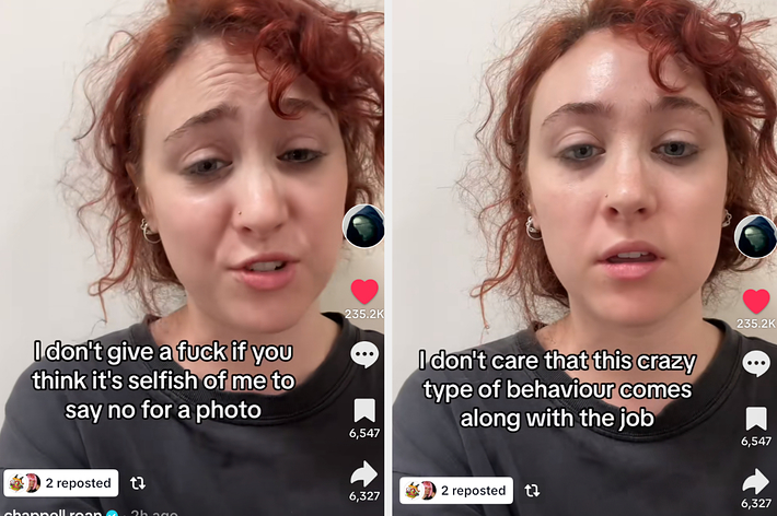 Two-part image of @beansproutscorner on TikTok, passionately refusing fan photo requests and criticizing unreasonable job expectations, with over 235K views