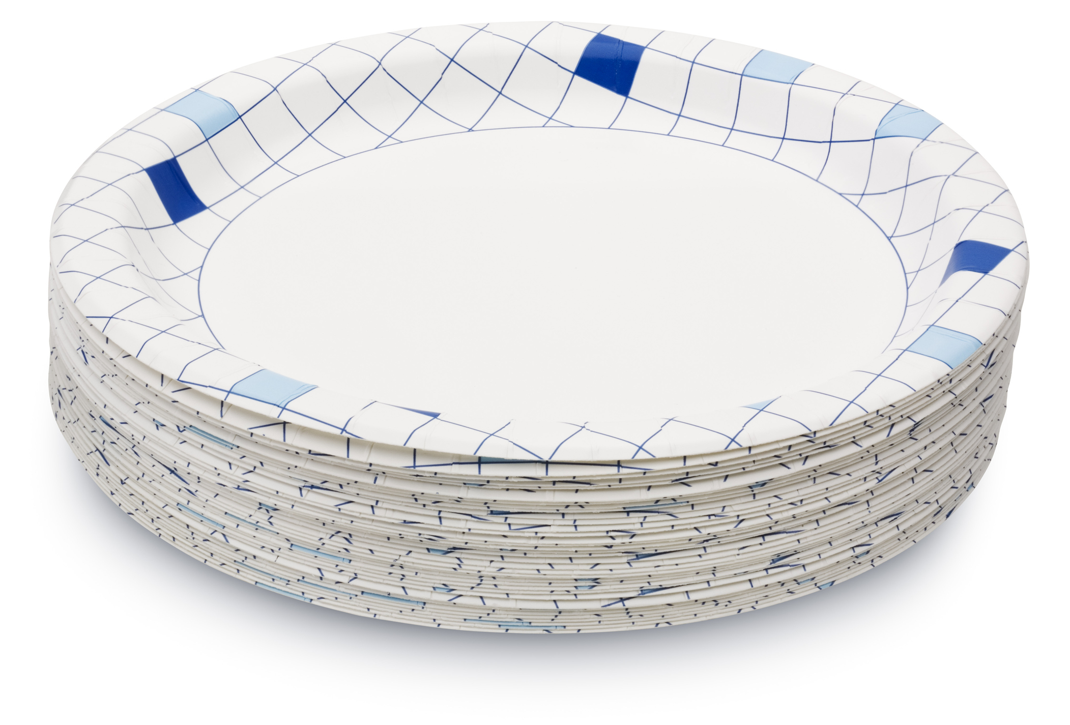 A stack of disposable paper plates with a white center and blue plaid border, suitable for an article on cost-saving options for events