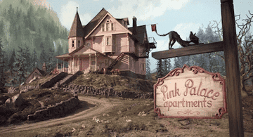 Vista de un edificio victoriano en un entorno rural con un cartel que dice &quot;Pink Palace apartments&quot; y un gato negro encima del cartel