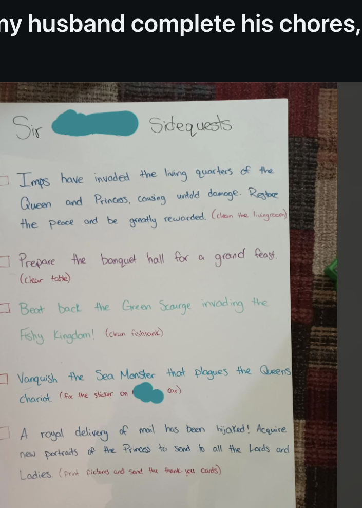 Reddit post by u/tfunny with a handwritten list titled &quot;Side Quest Sidequests,&quot; detailing humorous tasks to help complete household chores