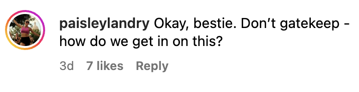 Instagram comment from user paisleylandry, saying, "Okay, bestie. Don't gatekeep - how do we get in on this?" with 7 likes and a reply option