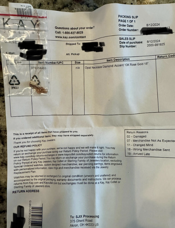 Packing slip with an 18&quot; 10K rose gold necklace and opal diamond accent for an order from Kay Jewelers. Includes order ID, customer details, and refund policy