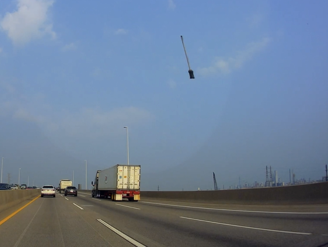 A broom is caught mid-air above a highway with several vehicles, including a white truck with a trailer, driving along the road