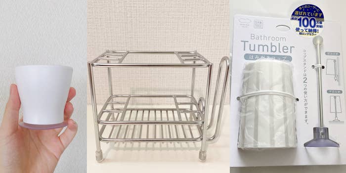 ニトリのおすすめの洗面グッズ「【デコホーム商品】ストライプタンブラー(WH)」「吸盤コップ バスポ(basupo)」「歯ブラシスタンド SUS(スクエア)」