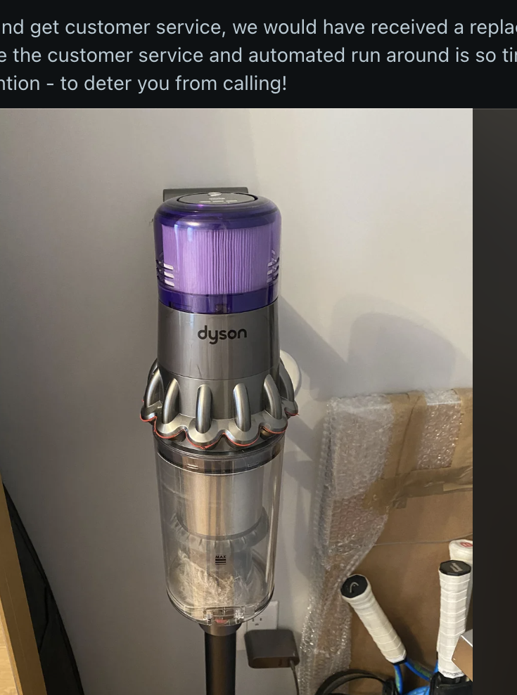 A Reddit post by user ridyson with a Dyson vacuum in the image and accompanying text about frustrations with Dyson customer service. The screen shows various comments and interactions related to the post