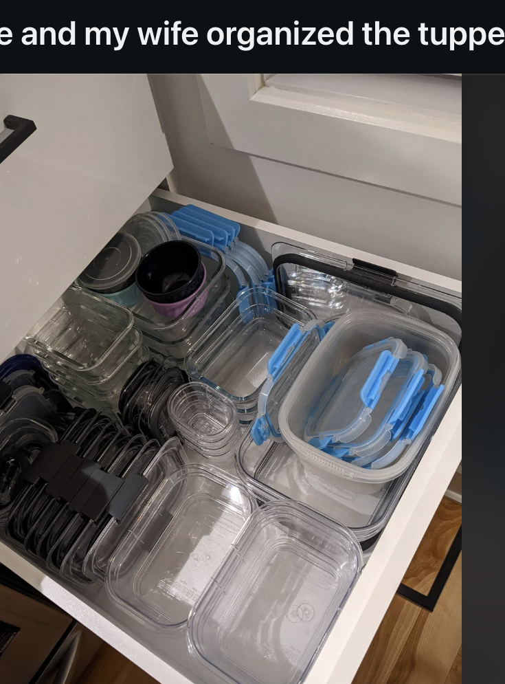 Reddit post by user &quot;oddlysatisfying&quot;: Photo shows a neatly organized Tupperware drawer with various containers and lids arranged by size and shape