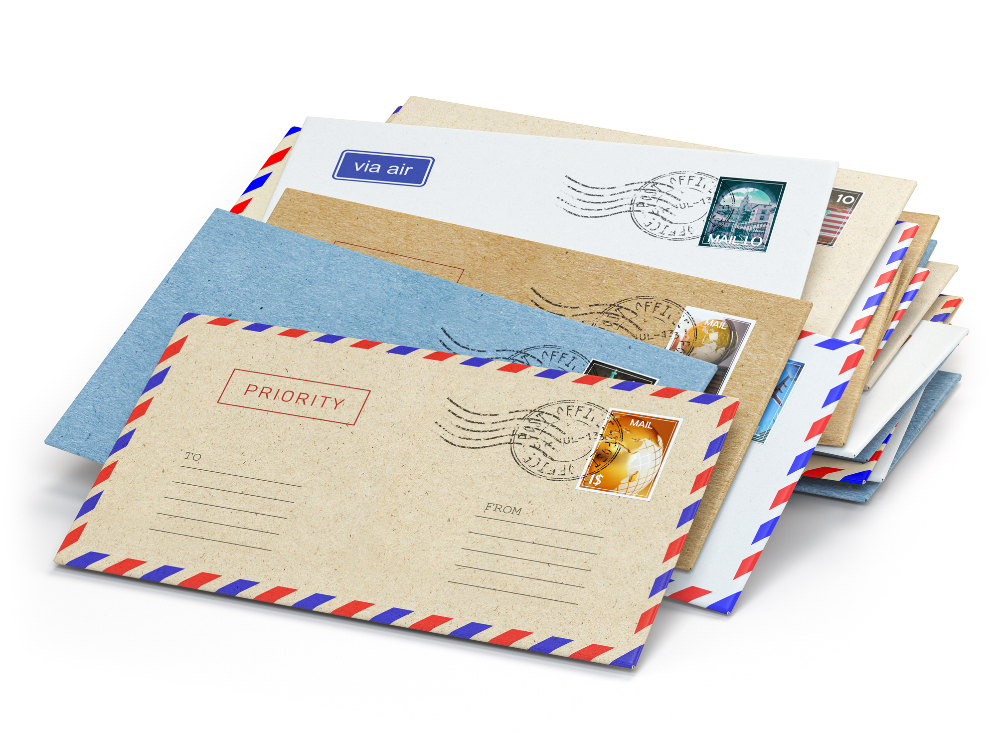 Multiple airmail envelopes, some with visible stamps and postal marks, are stacked together, suggesting important or prioritized communications