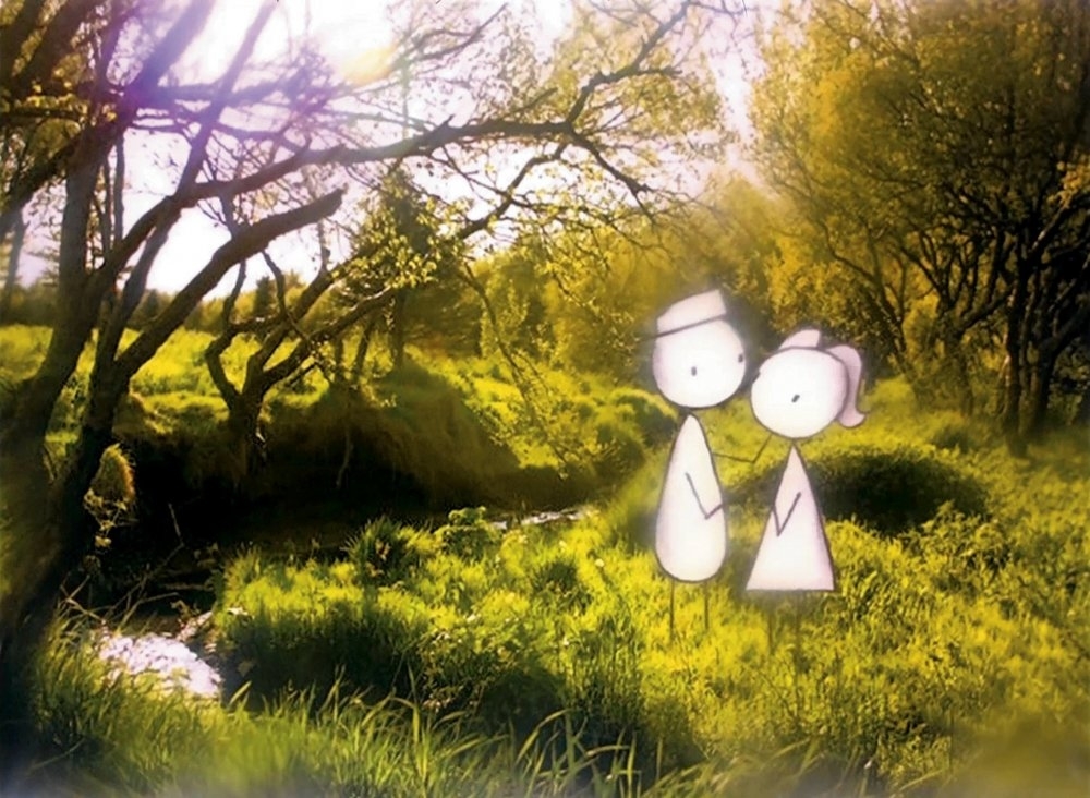 Illustration of two stick figures, one with a hat and the other with a bow, holding hands in a serene, sunlit forest