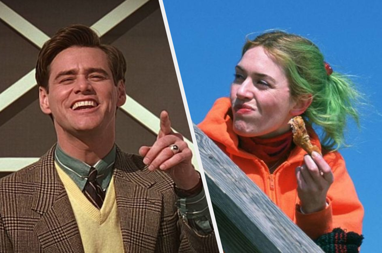 Jim Carrey wearing a suit points and laughs on the left; Kate Winslet, with vibrant hair, eats while looking out on the right