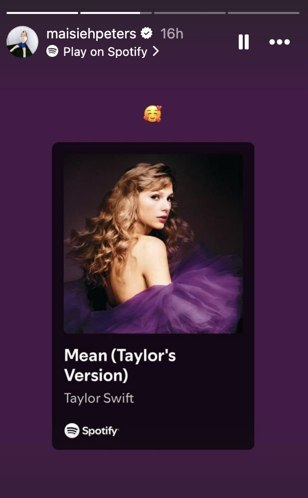 Instagram story screenshot featuring a post from maisiehpeters with a Spotify link to &quot;Mean (Taylor&#x27;s Version)&quot; by Taylor Swift. Taylor Swift is on the album artwork