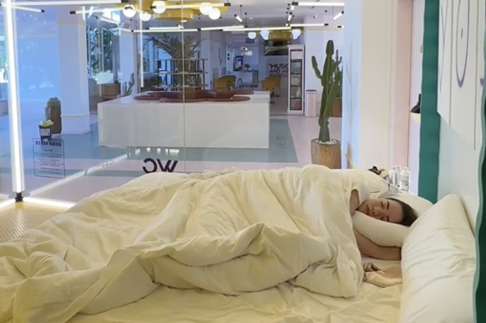 ベッドに横たわり眠っている人。背景には広い窓と観葉植物が見える室内。