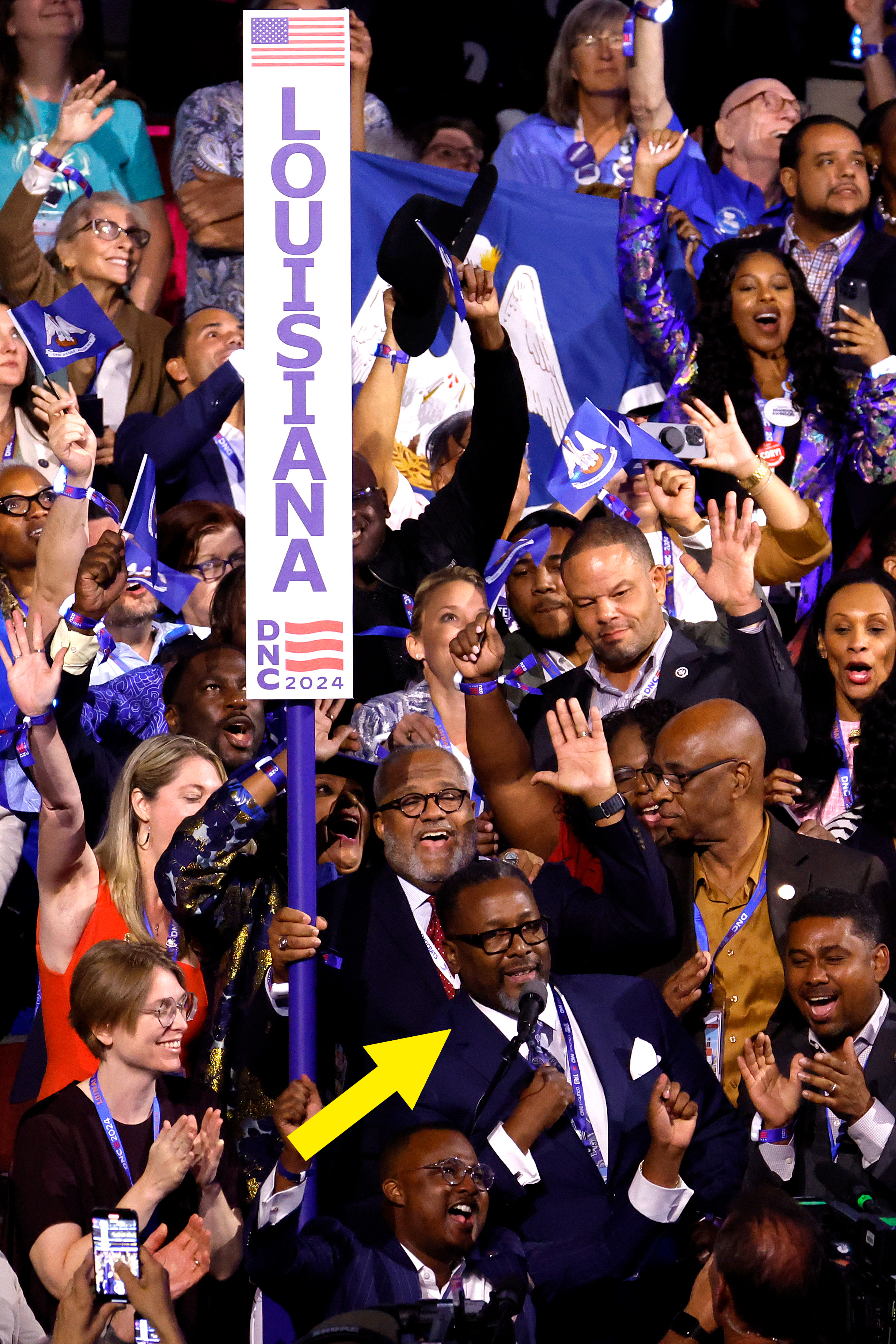A large group of people celebrate and cheer with a sign reading "Louisiana DNC 2024" held high