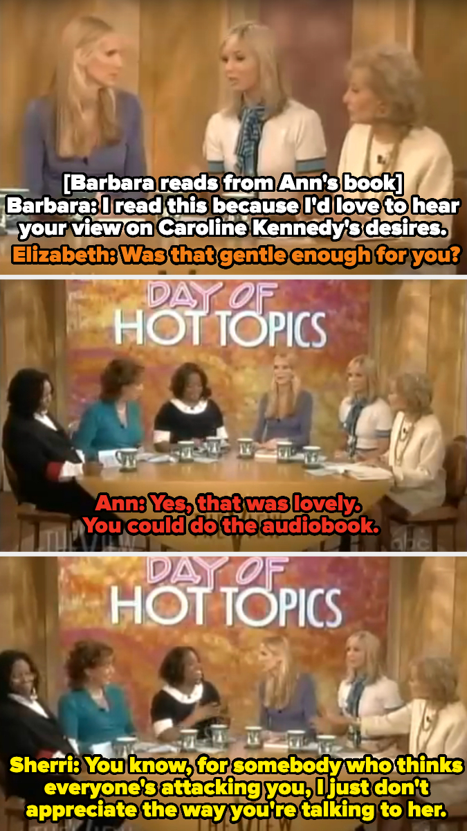 The image consists of two screenshots from a television show discussion. Barbara reads from Ann's book, Ann sarcastically says she could do the audiobook, and Sherri defends Barbara