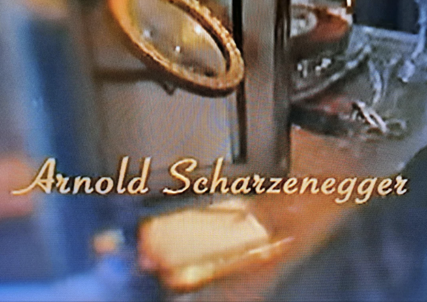 "Arnold Schwarzenegger" text over an unidentified background scene
