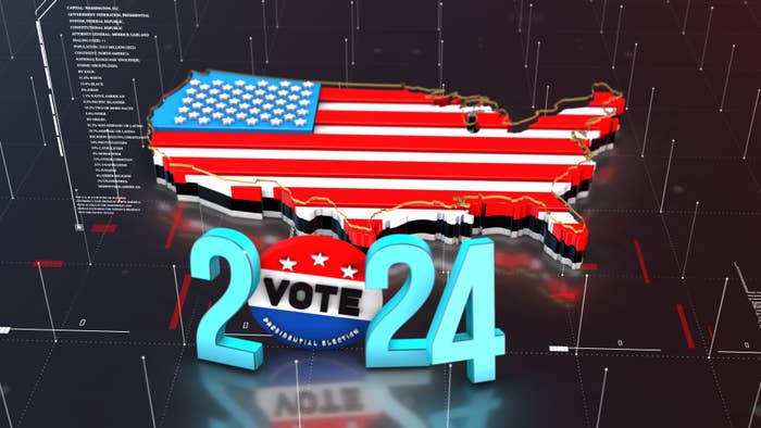 &quot;Illustration of the USA with stars and stripes, text 'Vote 2024' below, representing the 2024 presidential election.&quot;