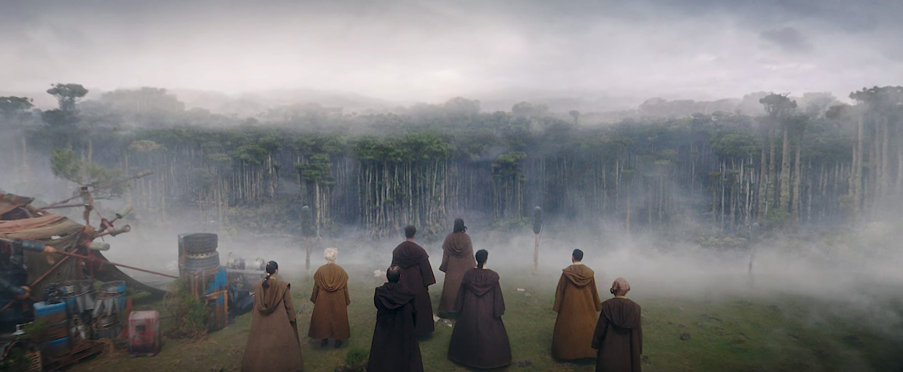 A group of characters from the Star Wars universe, including several Jedi, stand on a foggy cliff overlooking a dense forest
