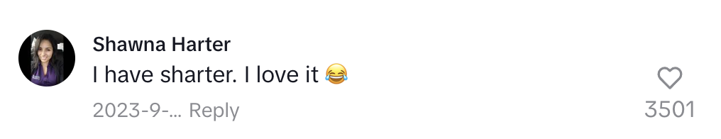 Shawna Harter comments, "I have sharter. I love it ?" on a social media post with 3501 likes