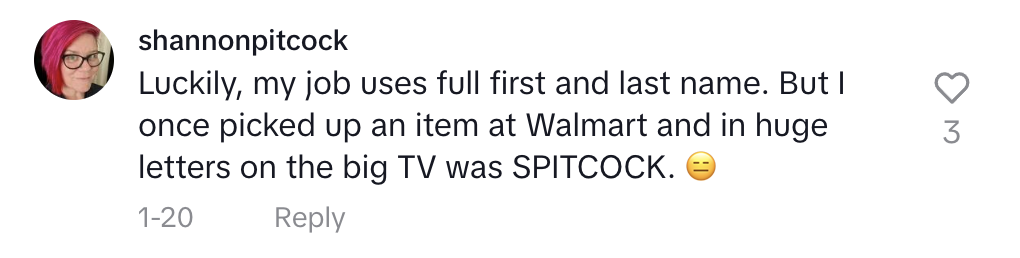 Shannon Pitcock comments about a funny experience at Walmart where her name was mistakenly displayed as "SPITCOCK" on a TV
