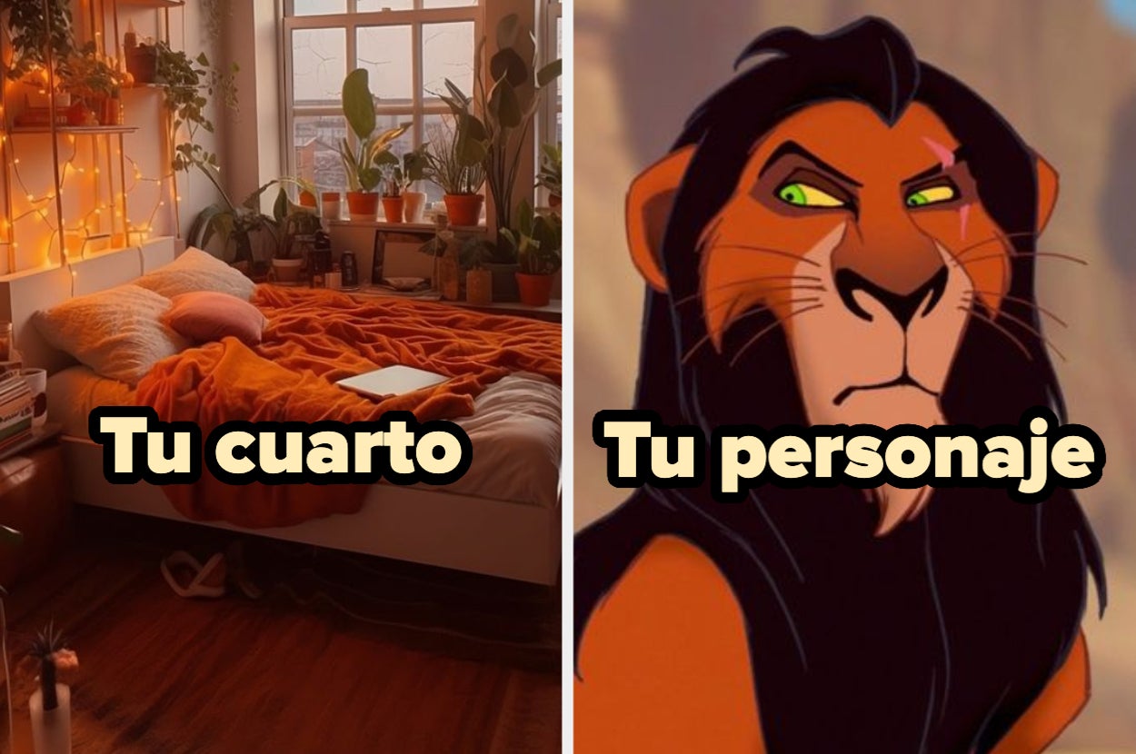 Una habitación con cama y plantas a un lado, y Scar de "El Rey León" al otro, con los textos "Tu cuarto" y "Tu personaje" respectivamente