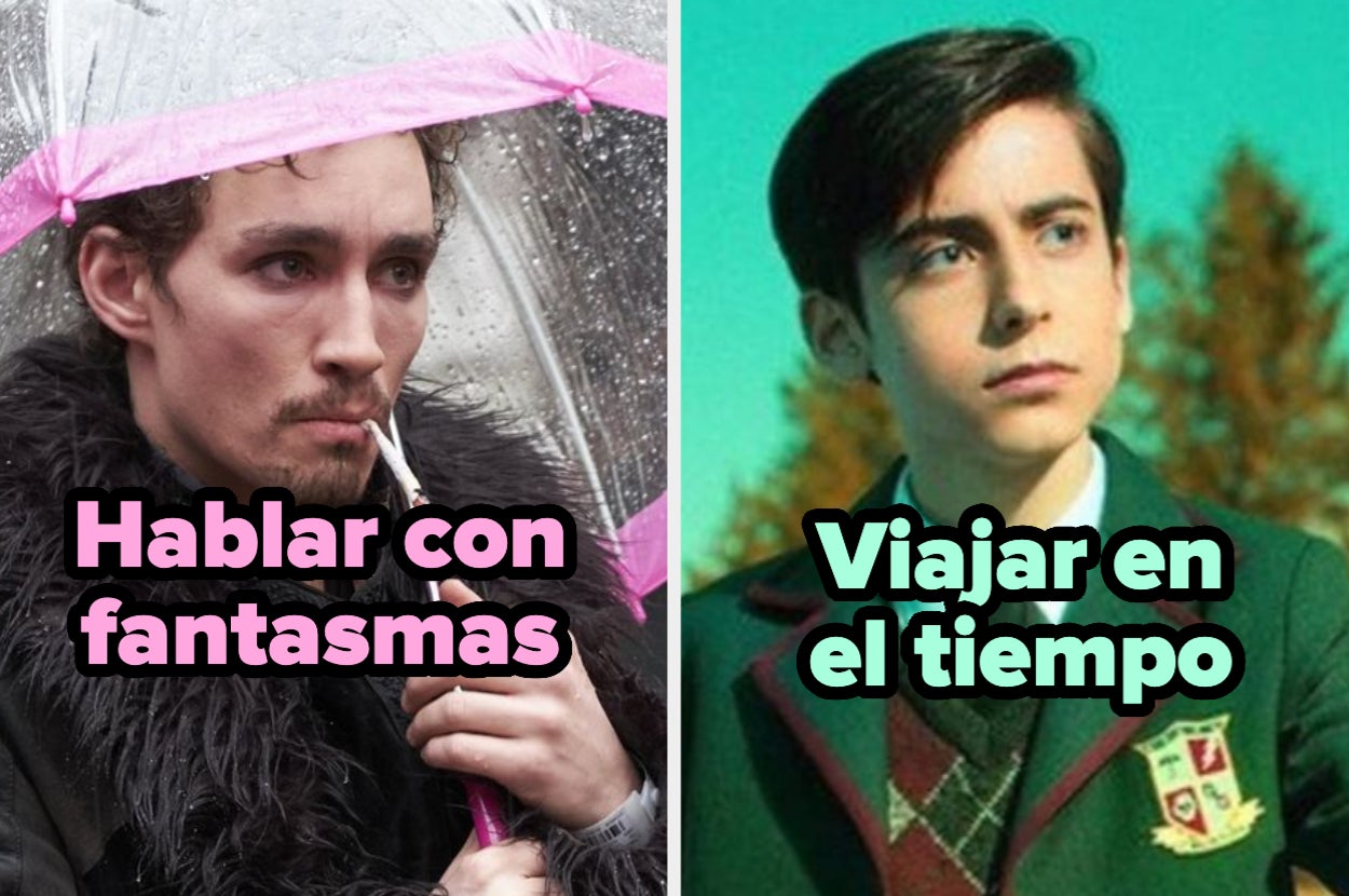 A la izquierda, Robert Sheehan bajo un paraguas transparente sosteniendo un palillo. A la derecha, Aidan Gallagher en uniforme escolar, con fondo de árboles borrosos