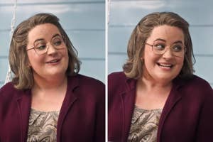 Aidy Bryant in a split image seated, wearing glasses, a burgundy blazer, and a patterned blouse, smiling and looking to the side