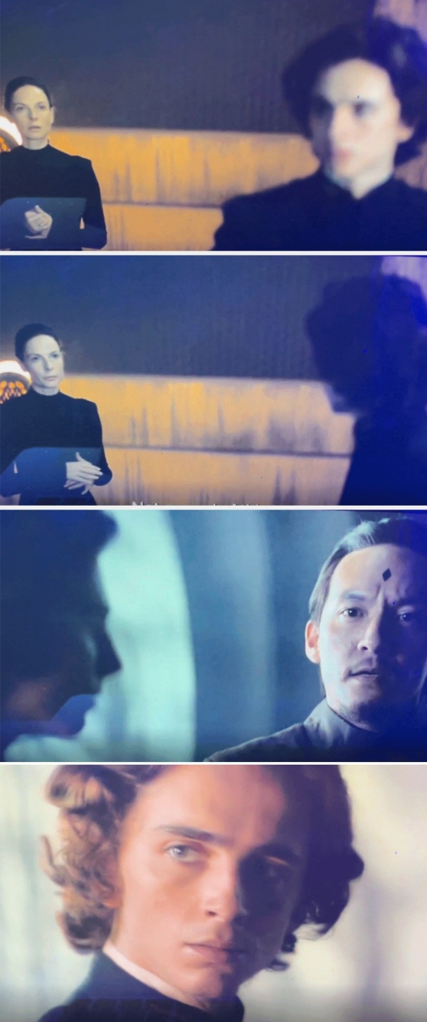 Collage of scenes featuring Tilda Swinton and Timothée Chalamet in conversation and close-ups, displaying their serious expressions