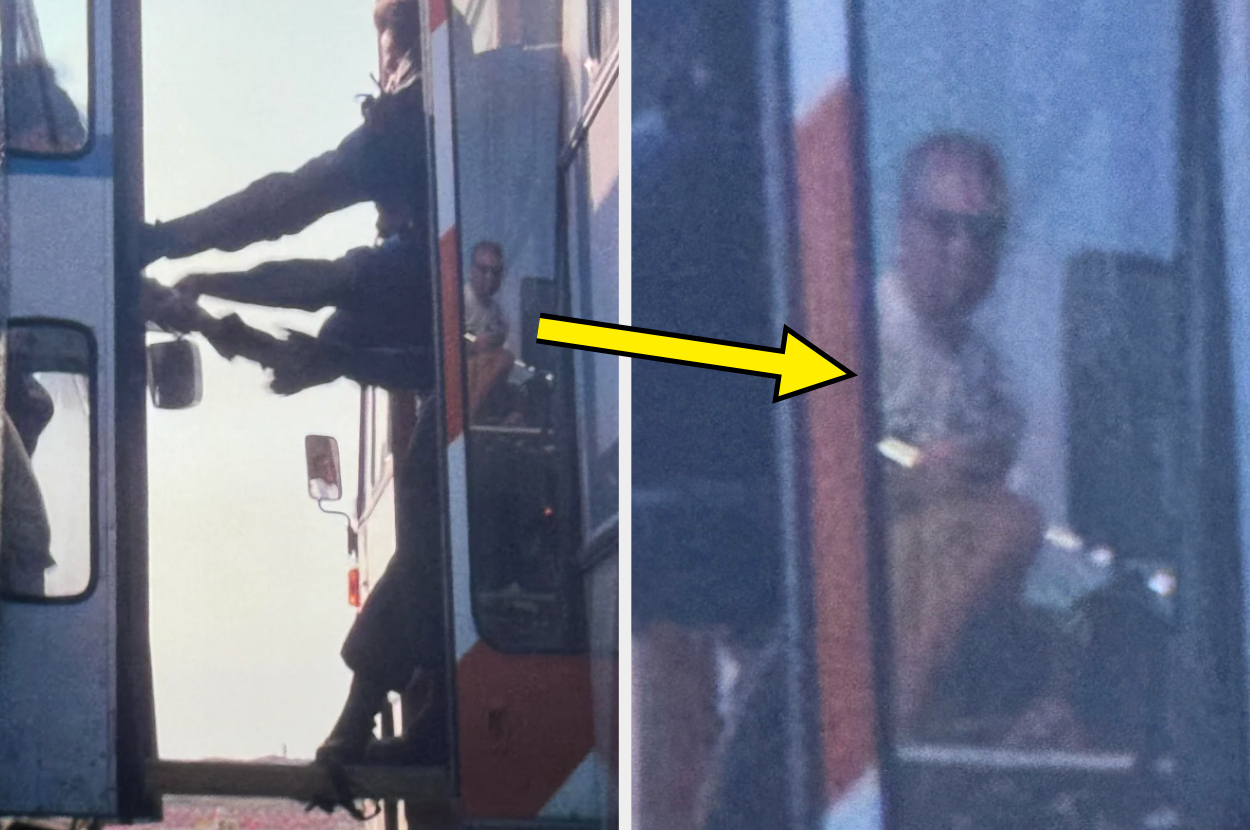 Two photos: left shows people hanging out of a bus door; right close-up of a seated man inside the bus. Yellow arrow points from the left to the man on the right