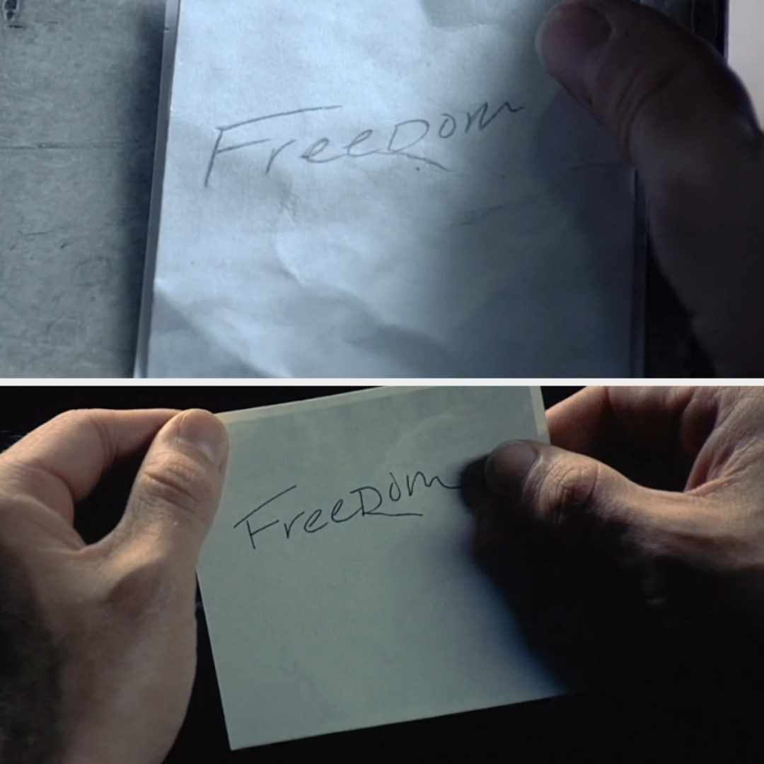 A close-up of two notes held in hands, both showing the word "Freedom" handwritten on paper