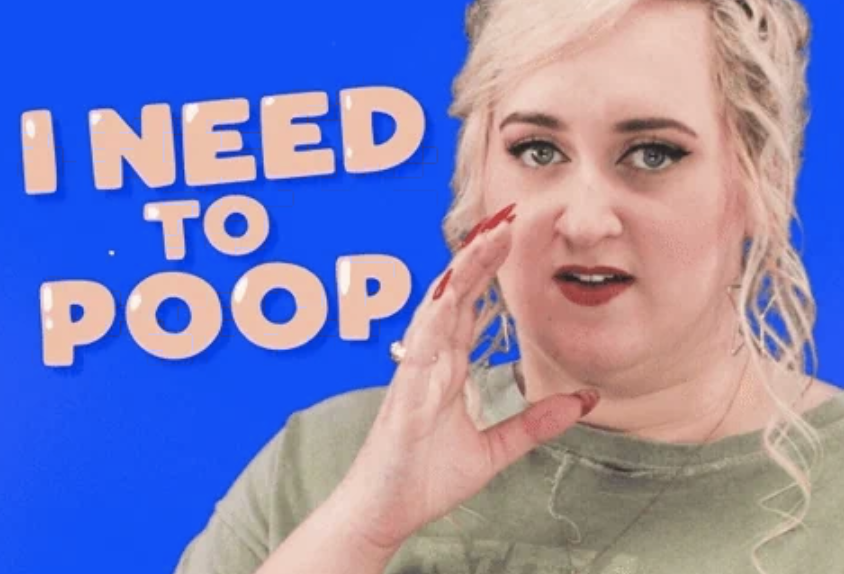 Person holding a hand near their mouth with text "I NEED TO POOP" next to them