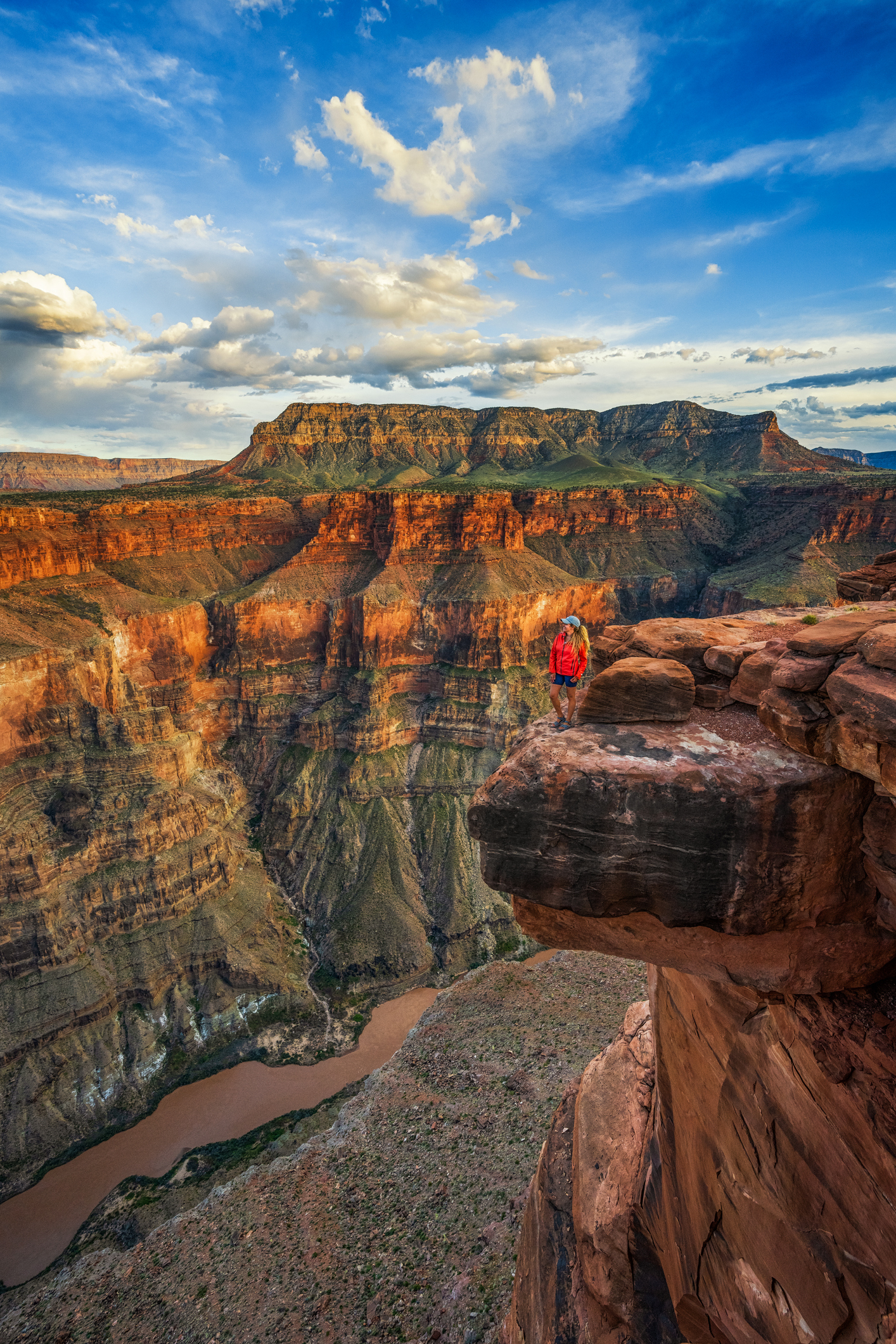 A person in a red jacket stands on the edge of a cliff overlooking the expansive, rugged terrain of the Grand Canyon under a cloudy sky