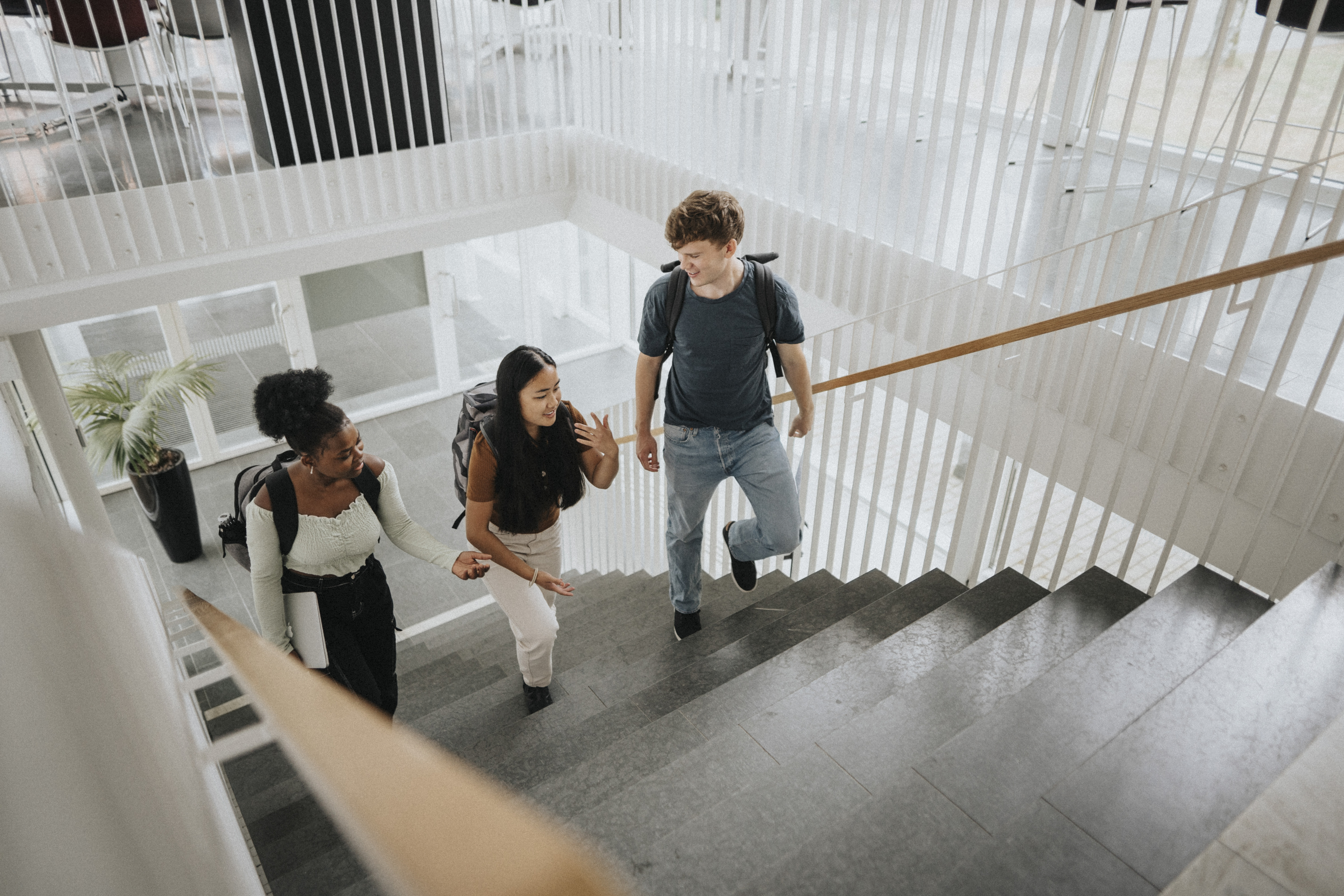 Three students, two women and one man, converse while walking up a staircase in a modern building with large windows