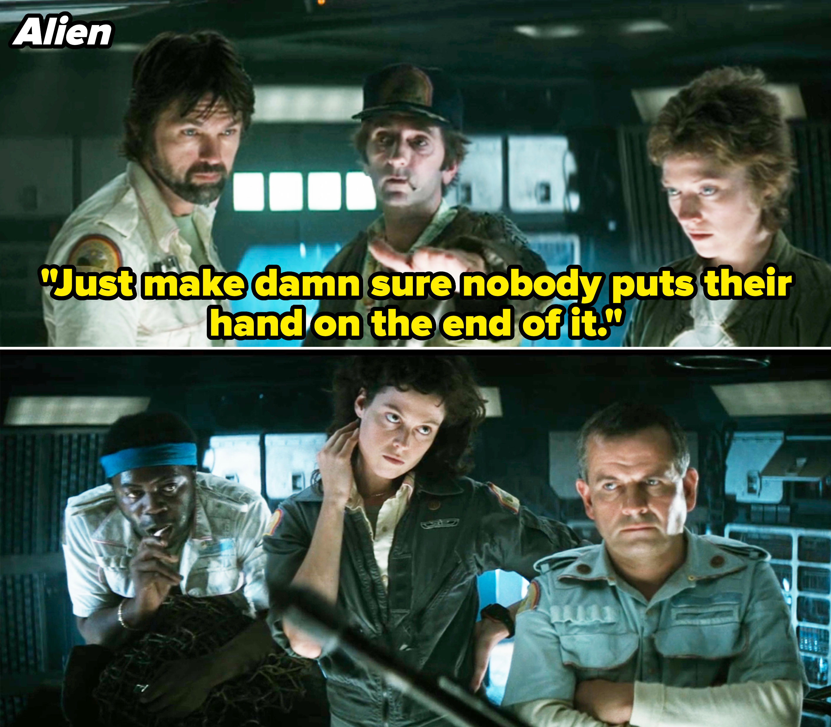 Top image: Tom Skerritt, Harry Dean Stanton, and Sigourney Weaver stand together. Bottom image: Yaphet Kotto, Sigourney Weaver, and Tom Skerritt are in a spaceship