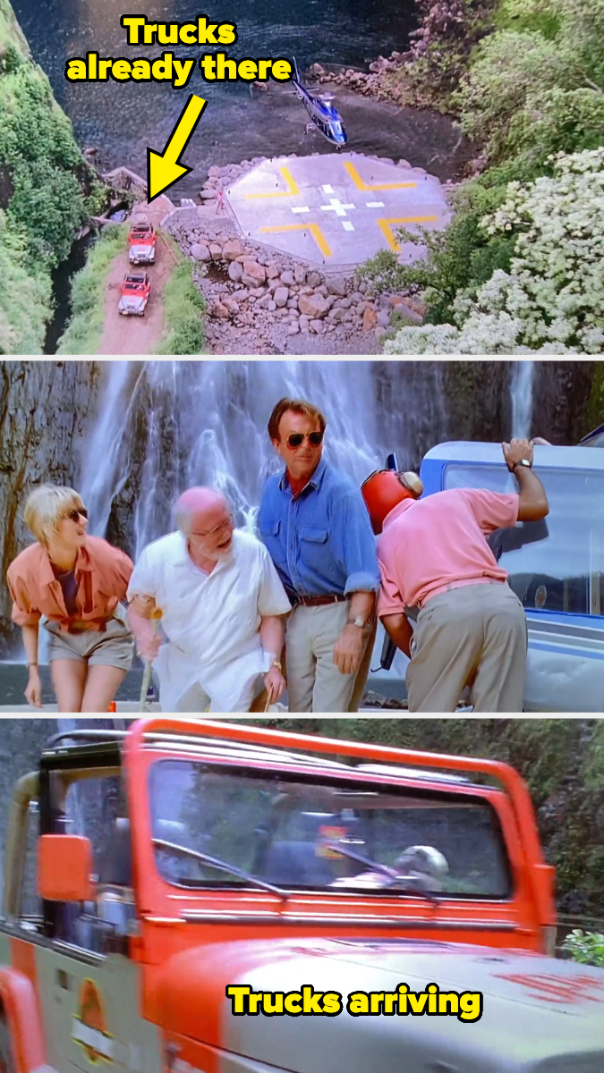 First image: Three trucks heading towards a helipad with a helicopter. Second image: Four people, one holding a red gas can, next to parked jeep. Third image: Jeep arriving