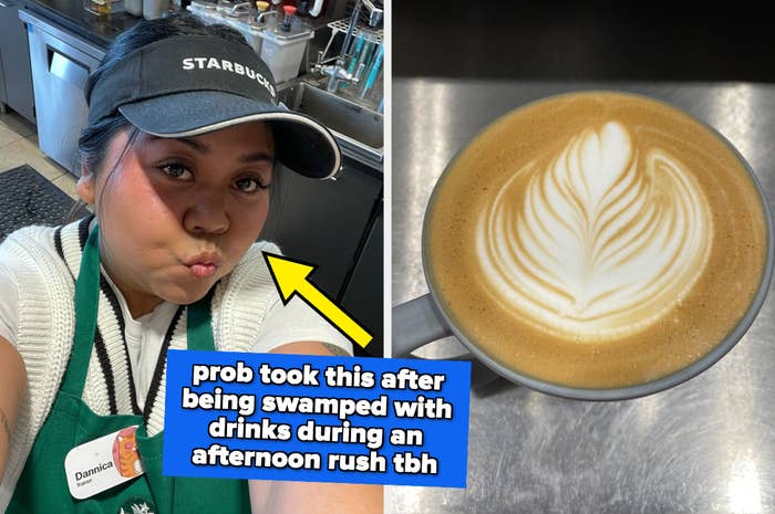Barista Dannica takes a selfie next to a detailed latte art in her Starbucks uniform. Text: &quot;prob took this after being swamped with drinks during an afternoon rush tbh&quot;