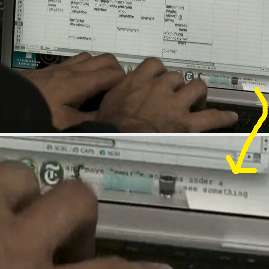 Two close-ups of someone's hands typing on a laptop keyboard. The screen shows a text editor with random text and a yellow arrow pointing at part of the screen
