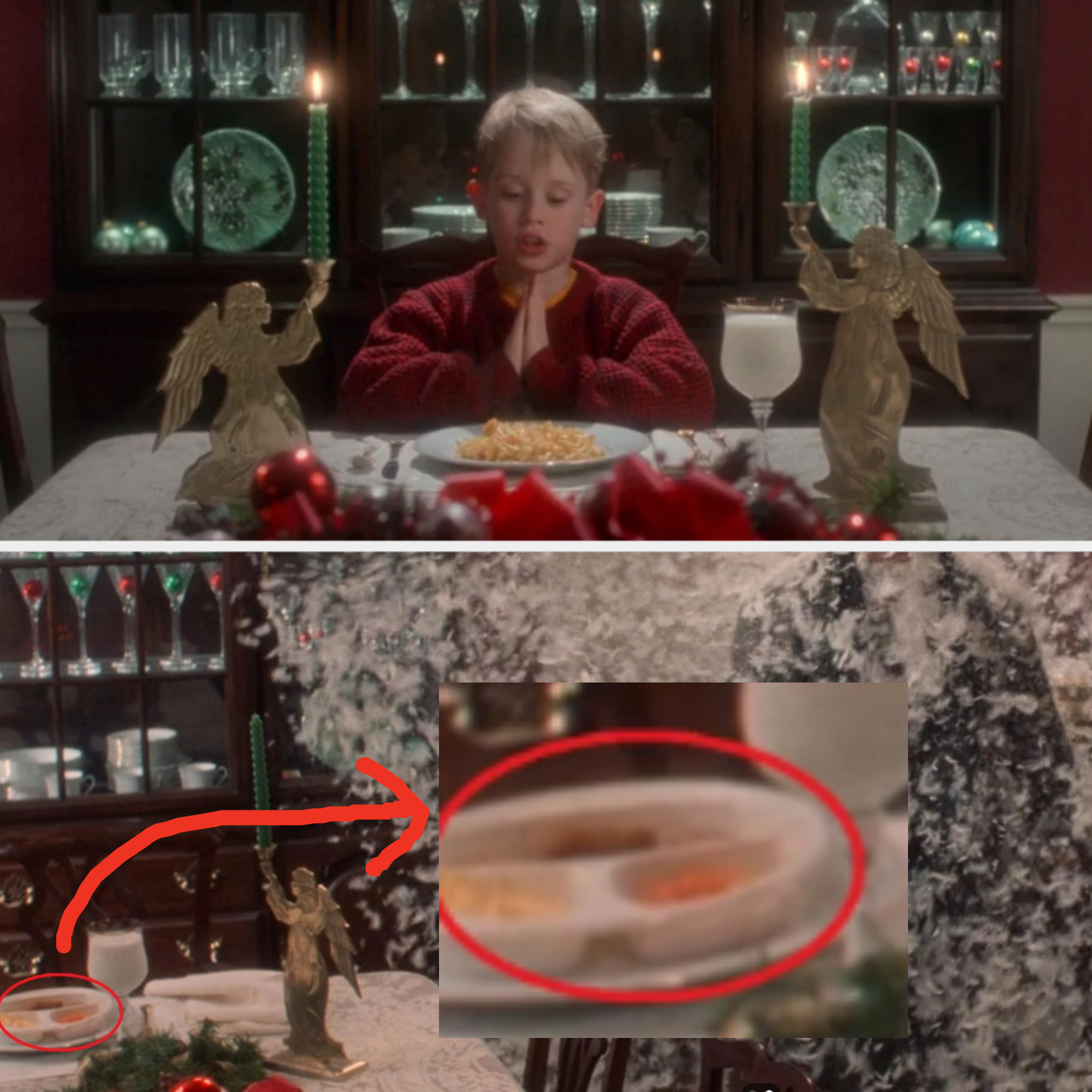 Top: Kevin McCallister praying at a dinner table with a plate of food in front of him. Bottom: Feathers explode in the dining room